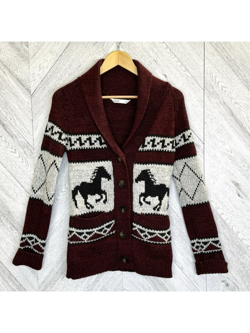 Bluenotes Shawl Collar Cardigan Knit Sweater Womens Small Horse Western Maroon